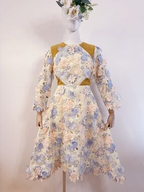 🦋 Pastel 3D Floral Embroidered Midi Dress